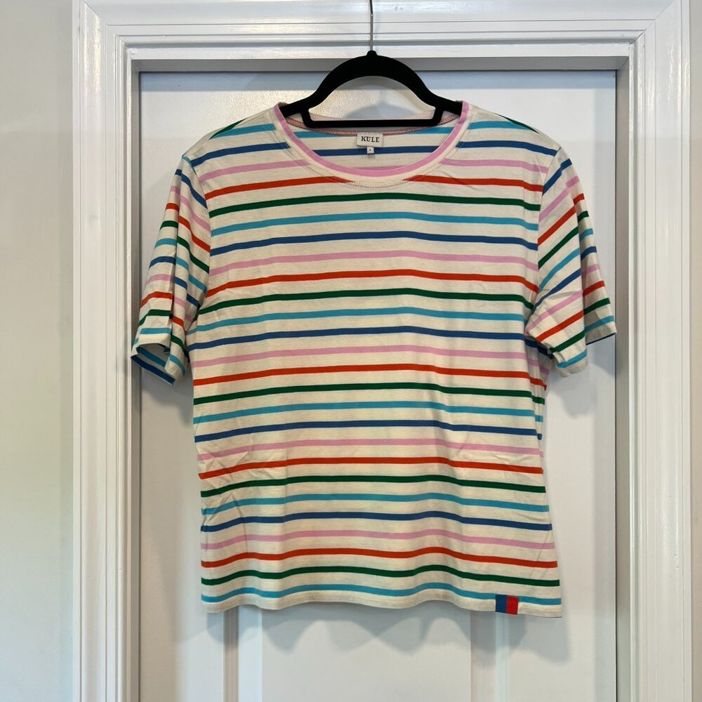 KULE Multicolor Striped Short Sleeve Tee - White Base with Rainbow Stripes